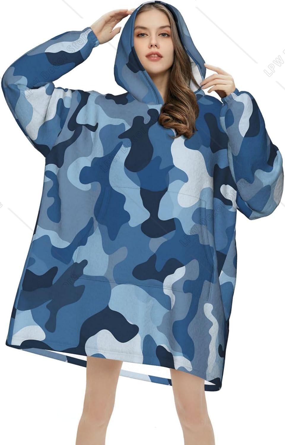Sherpa Hoodie Fleece - Manta con Capucha Clásica Azul Camuflaje,
