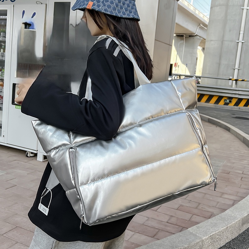 Down Jacket Packable - Bolso de hombro plateado Y2k para